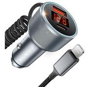 Kapebow Cargador de coche para iPhone, 72 W, 3 puertos, cargador de coche súper rápido integrado, certificado MFi, cable Lightning en espiral de nailon de 6 pies y 27 W para iPhone 14/13/12/11/XR/Max,