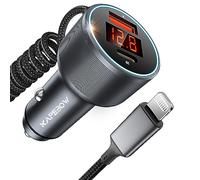 Kapebow Cargador de coche para iPhone, 72 W, 3 puertos, cargador de coche súper rápido integrado, certificado MFi, cable Lightning en espiral de nailon de 6 pies y 27 W para iPhone 14/13/12/11/XR/Max,