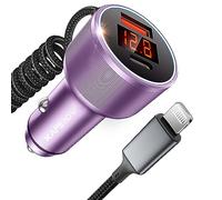 Kapebow Cargador de coche para iPhone, 72 W, 3 puertos, cargador de coche súper rápido integrado, certificado MFi, cable Lightning en espiral de nailon de 6 pies y 27 W para iPhone 14/13/12/11/XR/Max,