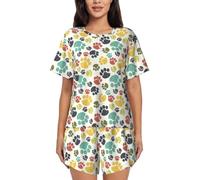 KAPPTYY Lindo conjunto de pijama de manga corta para mujer con estampado de huellas de perro colorido con botón frontal y pantalones cortos con cordón, ropa de descanso transpirable para dormir