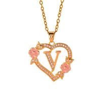 KAQNTUD Collar con colgante de inicial floral romántico, cadena de latón, delicado corte de corazón, joyería de moda, regalo delicado collar de fiesta de noche, talla única, como se describe, como se
