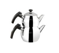 Karaca Adelya - Juego de mini tetera turca - Tetera de acero inoxidable con tapa - (tetera turca de 0,65 litros y tanque de agua de 1 litro) - Tetera de baquelita con asas negras que no se queman y
