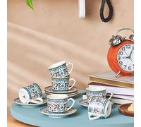 KARACA Beylerbeyi - Juego de 6 tazas de café turco de porcelana, 12 piezas, 80 ml, color blanco y azul multicolor