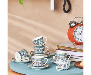 Karaca Beylerbeyi - Juego de 6 tazas de café turco de porcelana, 12 piezas, 80 ml, color blanco y azul multicolor