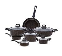 Karaca BlackGold - Juego de ollas y sartenes de granito de 12 piezas, juego de utensilios de cocina antiadherentes de biogranito, 4 ollas con 4 tapas de vidrio, 1 sartén de granito y 1 cacerola con