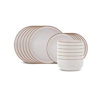 Karaca Chicago Dot - Vajilla de cerámica de 18 piezas para 6 personas, plato llano, plato lateral, cuenco, beige