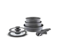 Karaca Comfort - Juego de sartenes de granito antiadherentes con tapa de cristal, 6 piezas, utensilios de cocina resistentes a los arañazos, 1 mango extraíble, olla de inducción y sartén, juego de 6