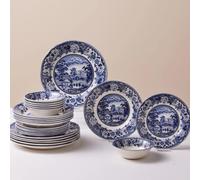 Karaca Forever Bone Old Town - Juego de vajilla de cerámica para 6 personas, juego de platos llanos de sauce, vajilla apta para lavavajillas, azul, 24 piezas