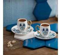 KARACA Iznik - Juego de 2 tazas de café de 90 cc, tazas pequeñas de porcelana y platillos, taza de café turco, juego de 2 tazas Demitasse de 3 onzas para bebidas de café especiales, juego de espresso