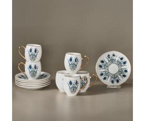 Karaca Iznik - Juego de 6 tazas de café turco de porcelana de 12 piezas, tazas pequeñas árabes y griegas de 90 ml con platillos