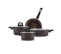 Karaca Juego de ollas y sartenes de granito negro y dorado antiadherente con tapas, juego de utensilios de cocina de inducción - 7 piezas
