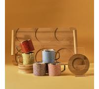Karaca Juego de tazas de café de colores de bambú para 6 personas, 90 ml, con bandeja, café turco resistente, taza moca, tazas de café mocha, tazas de espresso