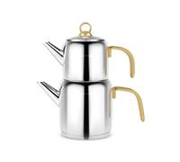 Karaca New Mira - Juego de tetera turca, tetera de acero inoxidable con tapa (tetera turca de 1 litro y tanque de agua de 2 litros) - Tetera midi y tetera de inducción, color dorado