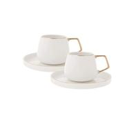 KARACA Saturn - Juego de 2 tazas de café turco, incluye 4 piezas, juego de tazas de espresso de 3 onzas, tazas de espresso pequeñas y platillos, juego de 2 tazas Demitasse con mango dorado en