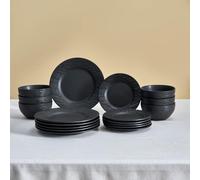 Karaca Solem - Vajilla de cerámica en relieve de 18 piezas para 6 personas, apto para lavavajillas, microondas, plato llano, plato lateral, cuenco de sopa, color negro