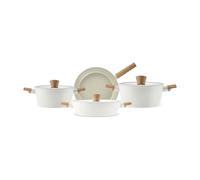 Karaca Swiss Crystal - Juego de utensilios de cocina de cerámica de almendras, juego de ollas y sartenes antiadherentes con tapa, sin PFAS, apto para lavavajillas, utensilios de cocina compatibles con