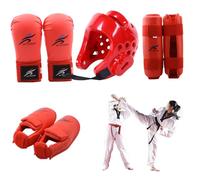 Karate Sparring Gear Equipo protector de poliéster Taekwondo Sparring Incluye 1 casco, 1 par de guantes y par de protectores de piernas, también para ciclismo, artes marciales y más, rojo, M, Karat