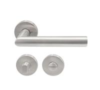 KARATINTL Juego de manillas para puerta de inodoro de acero inoxidable, juego de manijas para puerta de baño, redondas, roseta, forma de L, para baño, norma DIN (redondo-WC/baño)