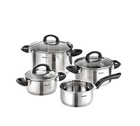 Karcher Ollas cocina Mia, 4 piezas, inducción, plateado/negro, acero inox | Ollas acero inoxidable para todo tipo de cocinas | Ollas | Cazo con mango | Tapas de vidrio con vapor |horno y lavavajillas