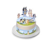 Kardasis Bluey - Decoración para tartas con figuras de papel, decoración comestible para tartas y pasteles, decoración para tarta de cumpleaños temática Bluey, 20 cm + 4 cintas de 28 x 4 cm + 4
