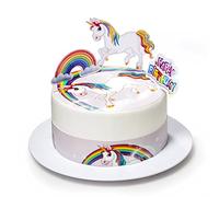 Kardasis Decoración de Pastel de Unicorn | Papel comestible para decorar | Divertidas decoraciones para cumpleaños con temática de la Unicorn | 20cm + 3 cintas 28x5cm + 4 figuras
