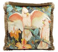 Kare Design Cojín Parrots Life Oro/Naranja, con Borde de Flecos, cojín Decorativo con Relleno, con Cremallera, cojín arrojadizo, Motivo pájaro, cojín Decorativo, cojín sofá, desenfundable, 45x45x15cm