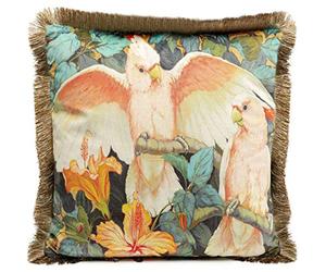 Kare Design Cojín Parrots Life Oro/Naranja, con Borde de Flecos, cojín Decorativo con Relleno, con Cremallera, cojín arrojadizo, Motivo pájaro, cojín Decorativo, cojín sofá, desenfundable, 45x45x15cm