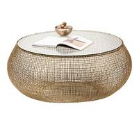 Kare Design Mesa de Centro Cesta, Dorada, 102cm de Diámetro, Estructura de Acero, Tablero de Cristal ESG, Redonda, 47x105x105 cm (A/A/F)