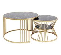 Kare Design Mesa de Centro Roma Juego de 2, Negro y Dorado, Mesa Redonda con Mármol y Acero, Mesa Auxiliar Elegante, Mesa de Salón Moderna