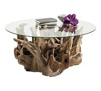 Kare Design Mesa de Centro Roots, Marrón, 100cm de Diámetro, Salón, Cuerpo de Madera Maciza, Tablero de Cristal Esg, Hecho a Mano, Único, Redondo, 45x100x100cm (AxLxF)