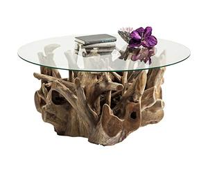 Kare Design Mesa de Centro Roots, Marrón, 100cm de Diámetro, Salón, Cuerpo de Madera Maciza, Tablero de Cristal Esg, Hecho a Mano, Único, Redondo, 45x100x100cm (AxLxF)