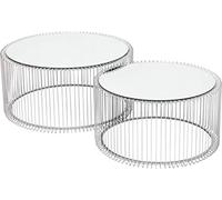 Kare Design mesa de centro Wire (2/set), plata, diámetro 63/53cm, mesa auxiliar, mesilla de noche, estructura de acero, tablero de cristal de seguridad, salón, redonda, 34 x 70 x 70 cm (h/w/d)