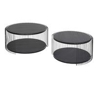 Kare Design Mesa de Centro Wire Double Wood Juego de 2, Negro, Diámetro 70 cm, Madera y Acero, Mesa Auxiliar Moderna, Mesa de Salón Redonda