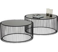 Kare Design Mesa de centro Wire set de 2, negro, 63/53cm de diámetro, mesa auxiliar sofa, mesilla de noche, estructura de acero, tablero de cristal de seguridad, salón, redonda, 34x70x70 cm