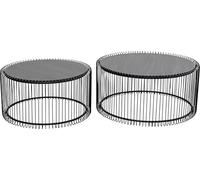 Kare Design Mesa de Centro Wire Wood Juego de 2, Negro, Diámetro 70 cm, Madera y Acero, Mesa Auxiliar Moderna, Mesa de Salón Redonda