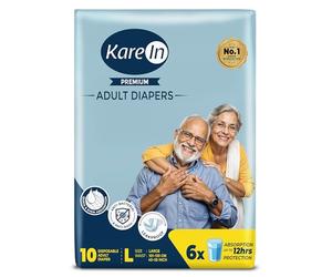 KareIn Pañales prémium para adultos, talla L, cintura de 101-139 cm, estilo cinta, unisex, alta absorción, a prueba de fugas, indicador de humedad, 10 unidades