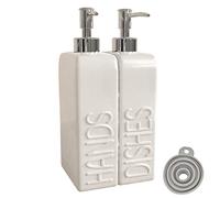 Karisky Juego de dispensadores de jabón con relleno, almohadillas de silicona no deslizantes, 2 paquetes de jabón de cerámica y jabón de mano para cocina, baño, blanco