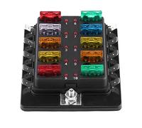 Karlak Caja de Fusibles de 10 Vías con Indicador LED Fusible Fundido | Base PA66 duradera, cubierta de PC transparente, fácil instalación, 10 fusibles estándar incluidos