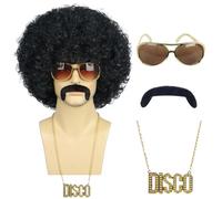 karlery Peluca afro corta y rizada negra para hombre y mujer, con collar de barba y gafas, estilo rockero de los años 70 y 80, peluca de California, Halloween, fiesta de disfraces, cosplay