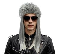 karlery Peluca larga recta gris y plateada para hombres y mujeres, de los años 70 y 80, estilo punk, rockero, resistente al calor, fibra sintética, tamaño ajustable, para cosplay, Halloween, fiesta