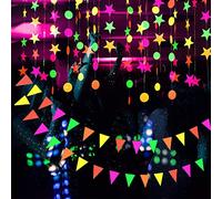 KARLOR Decoración de fiesta de luz negra, guirnalda decorativa de neón, guirnalda de banderines con estrella, guirnalda de papel brillante bajo luz UV, accesorios de fiesta (4.4 metros/3 patrones)
