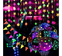 KARLOR Guirnalda fluorescente para fiestas, 3,5 m cada una, brilla bajo la luz UV, estrella de neón, banderines de círculos, decoración de discoteca
