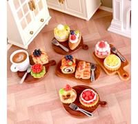 KARLOR Juego de 21 mini pasteles de café con plato de manzana con plato y cuchara, miniatura, postre, frambuesa, arándanos, minialimentos, bebidas, postres, decoración de mesa (21 unidades)