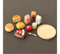 KARLOR Juego de postres en miniatura, 11 piezas, postre con bandeja de madera, tarta, leche, mermelada, manzana, chocolate, torta, rosquilla, cuchara 1:12, mini alimentos, bebidas, mini cocina
