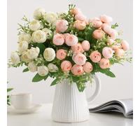 KARLOR Juego de ramo de flores artificiales, 2 paquetes de 15 flores cada uno, flores artificiales de primavera, rosa de té, peonías, color blanco champán, flores artificiales como decoración de boda