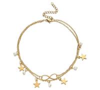Karma AN1009 Tobillera con estrellas doradas, 21 cm, moderna, de filigrana, acero inoxidable, chapado en oro, joya para el pie, vacaciones, playa, accesorios de moda de noche, cierre de mosquetón