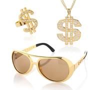 KarneLux Dollar Accessoires - Juego de 3 accesorios para hombre de los años 80, gángster, hip hop, gafas, anillo y gafas de sol para carnaval