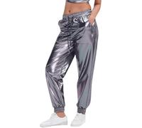 Karneval Einfarbige Übergrößen-Hosen für Damen im Street-Trend mit Goldprägung im sportlichen Stil, Helles Leder, lockere Performance-Kostüm-Leggings (Grey, XL) Karneval Kostüm