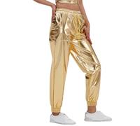 Karneval Einfarbige Übergrößen-Hosen für Damen im Street-Trend mit Goldprägung im sportlichen Stil, Helles Leder, lockere Performance-Kostüm-Leggings (Gold, M) Karneval Kostüm