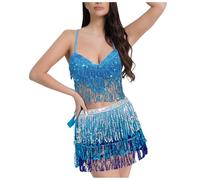 Karneval Pailletten Performance Kleid Bauchtanz Pailletten BH Bühnen Performance Kleid Fransen Taille Kettenset (Sky Blue, One Size) Karneval Kostüm